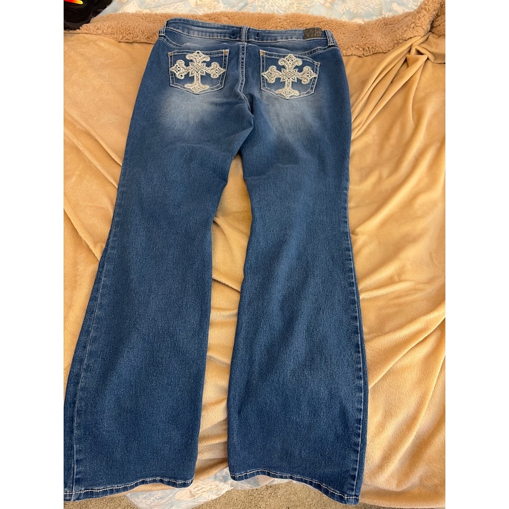 LovIndigo Womens Embroidered Cross Bootcut Jeans Medium Wash Blue Size 14